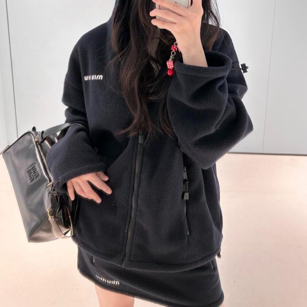 MIUMIU Solid Color Fleece Hooded Zip-Up Sweatshirt